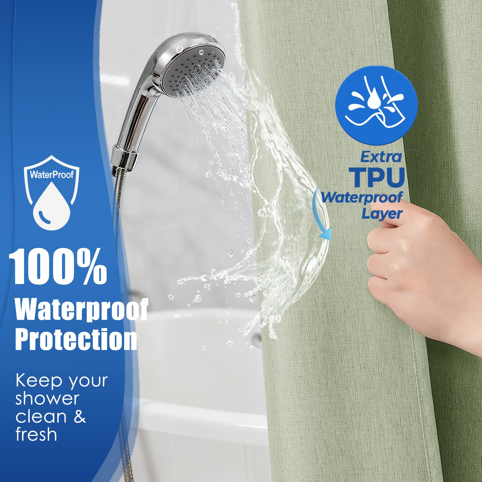Zemyovia No Hooks Linen-Like Shower Curtain, Waterproof 250GSM Heavyweight Fabric, 180 x 190, Easy Install Split Grommets