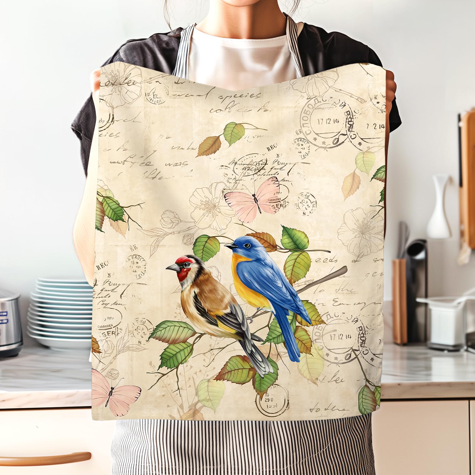 Arquiel Retro Birds Tea Towels, 100% Cotton Kitchen Towels, Set of 4