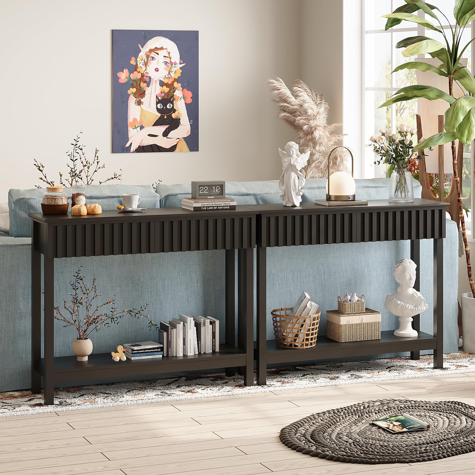 Trironsun Narrow Fluted Console Table with 2 Drawers and Open Shelf Modern Painted Wood Sofa Table for Hallway, Living Room or Behind Couch (Black)