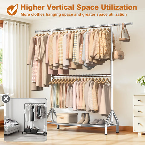 EAGMAK Double Clothes Rail Heavy Duty Load 280 KG, with Shelves, Silver