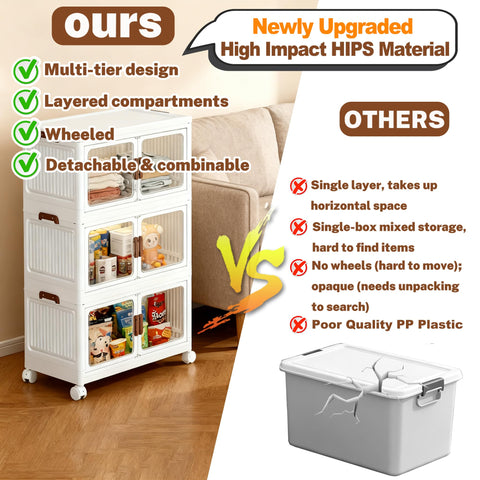 Viyohoh Storage Boxes with Lid, 4-Tier Plastic Stackable Storage Boxes with 1 Lid 28L/Tier, Folding Collapsible Bins with Wheels