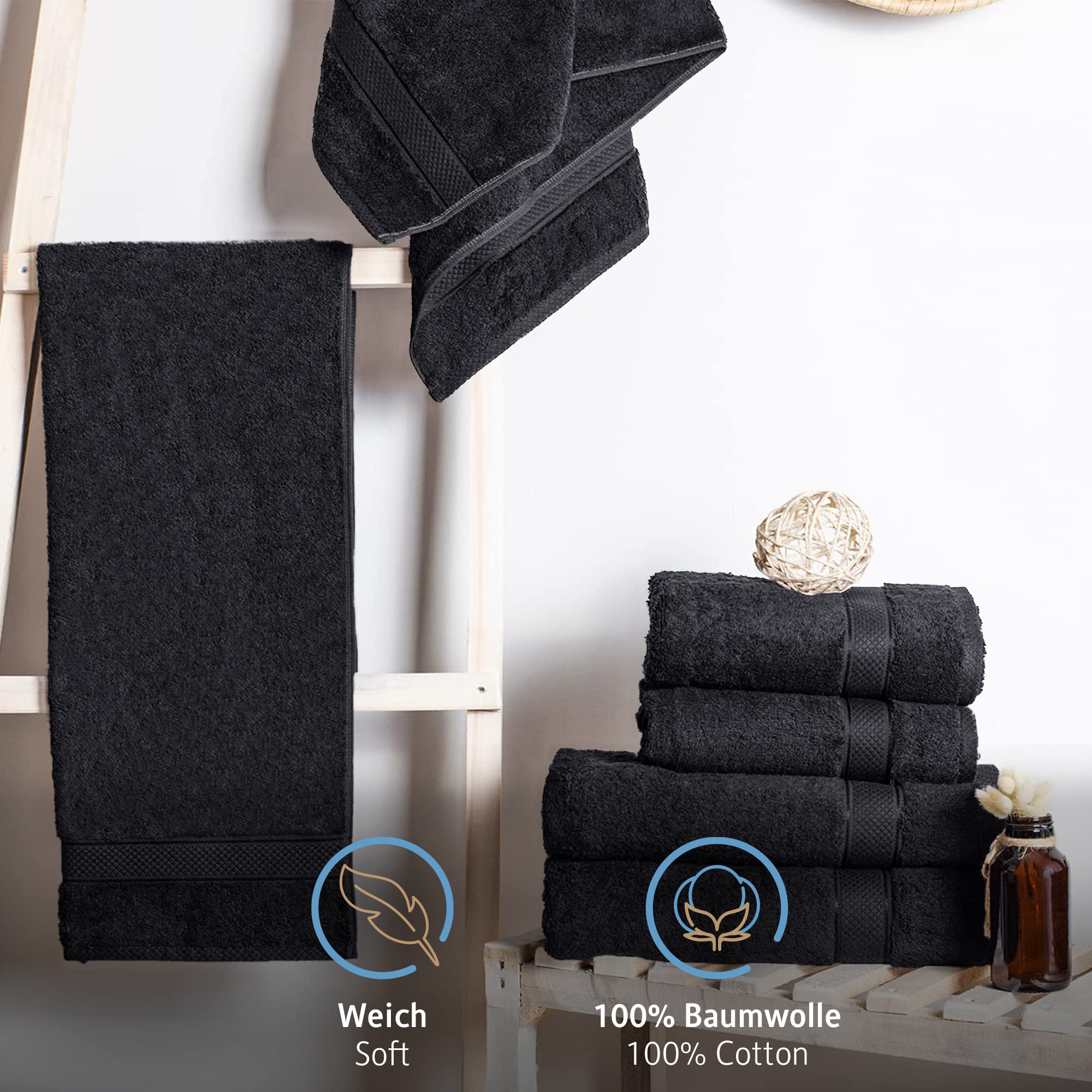 Komfortec Set of 4 Hand Towels 50 x 100 cm 100% Cotton Terry Towelling Soft Black