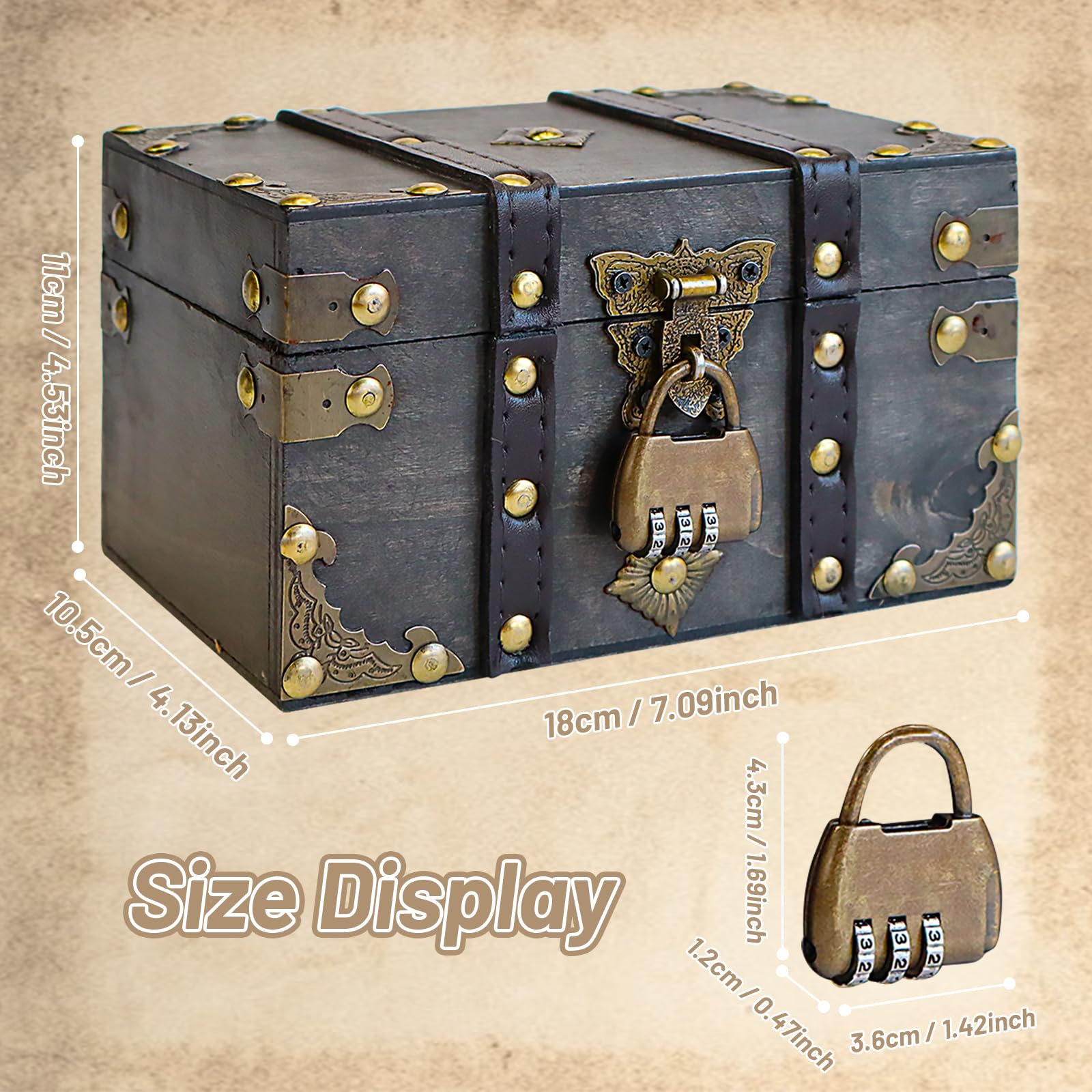 Yicaam Vintage Wooden Treasure Chest Box with Lock (18x11.5x10.5cm) Treasure Jewelry Chest