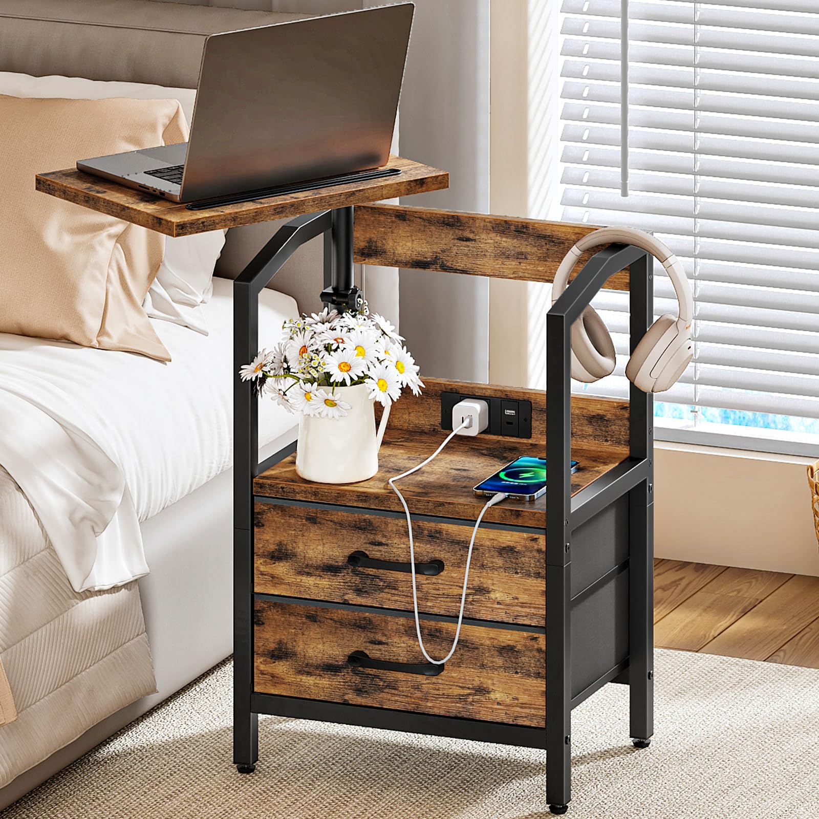 HOOBRO Bedside Table with Charging Station, Swivel Lift Top Nightstand, Height Adjustable, Side Table with 2 Drawers and Tablet Slot