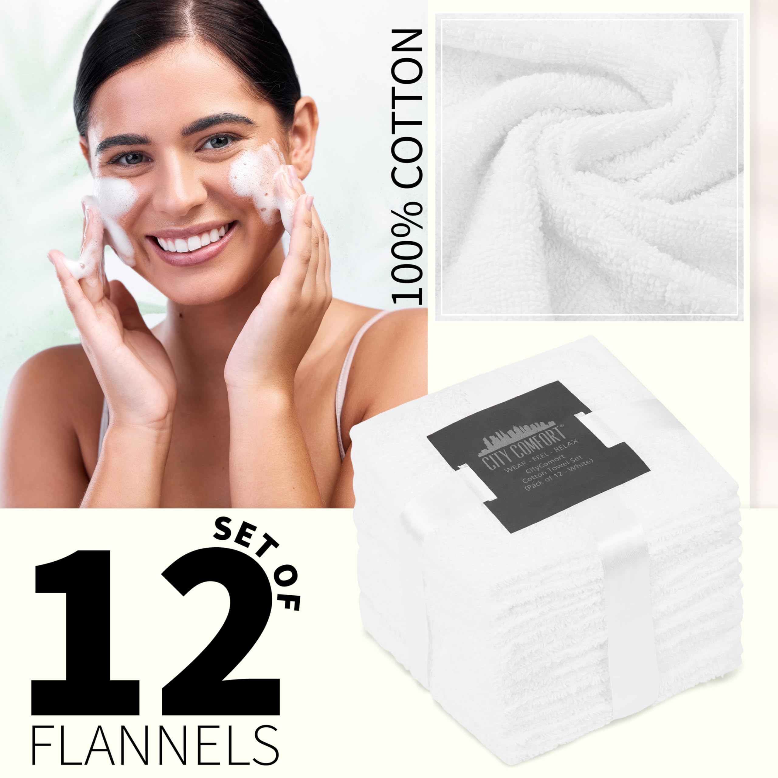 CityComfort Flannels Pack of 12 Face Towels 100% Cotton 550 GSM 30x30cm Highly Absorbent Soft Wash Cloth Household Essentials (White - 12 Pack)