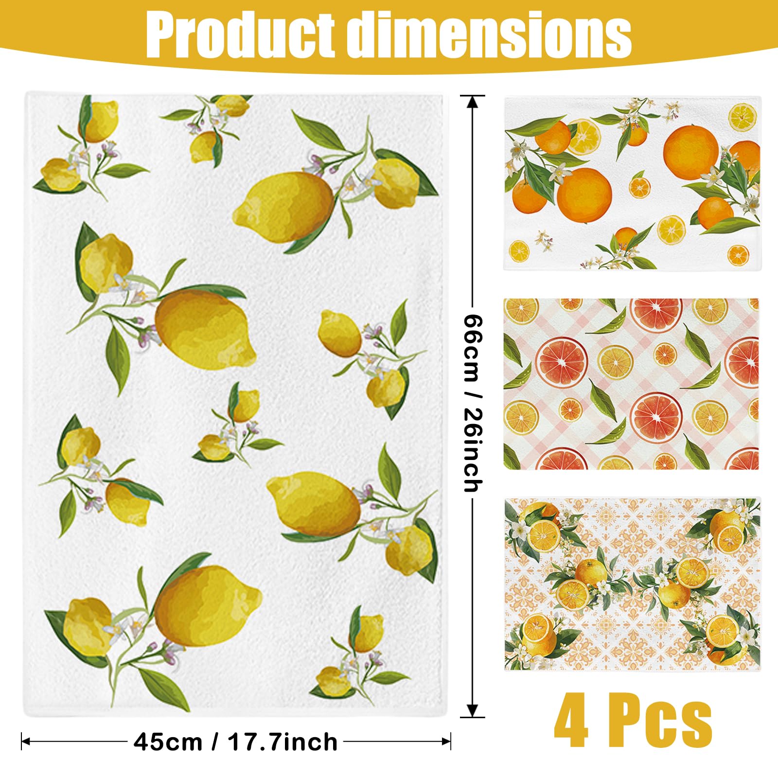 Vspek Lemon Kitchen Towels, Microfiber Tea Towel, Soft Absorbent Quick Dry Reusable Dish Towel Set of 4, Hand Towels for Kitchen Drying