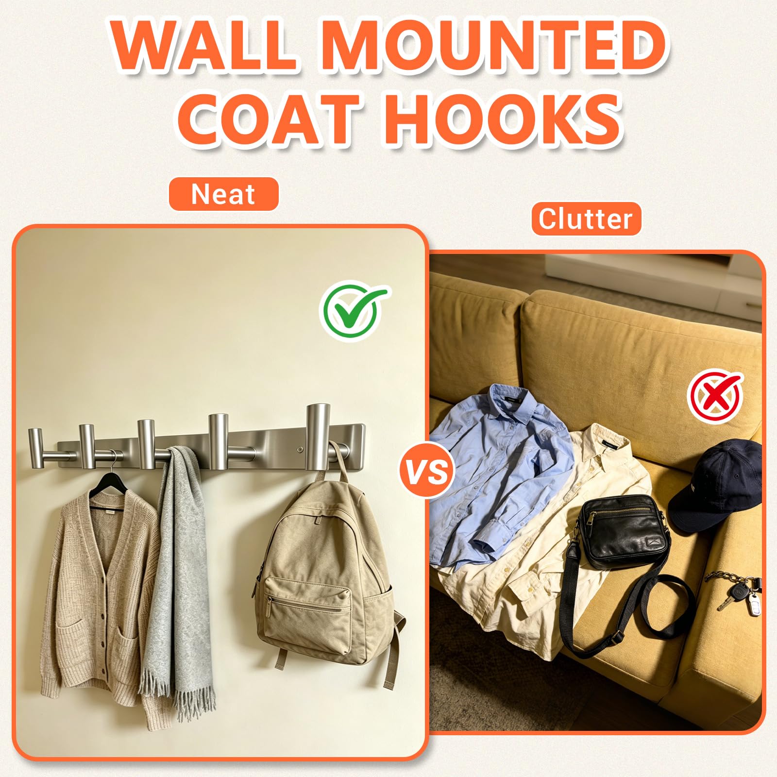 TOEKSIX Silver Steel Wall Coat Rack 15.6in, 5 Hooks for Bathroom Bedroom