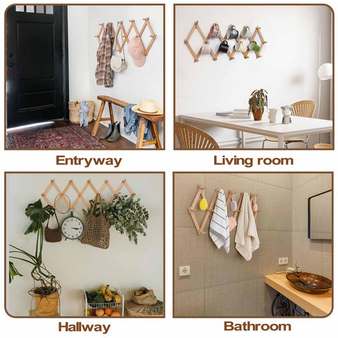 Qiannhee Wall Coat Rack Solid Wood Wooden Coat Hooks Wall Mounted with 16 Pegs Accordion Wall Hanger Extendable Hat Rack for Wall, Living Room