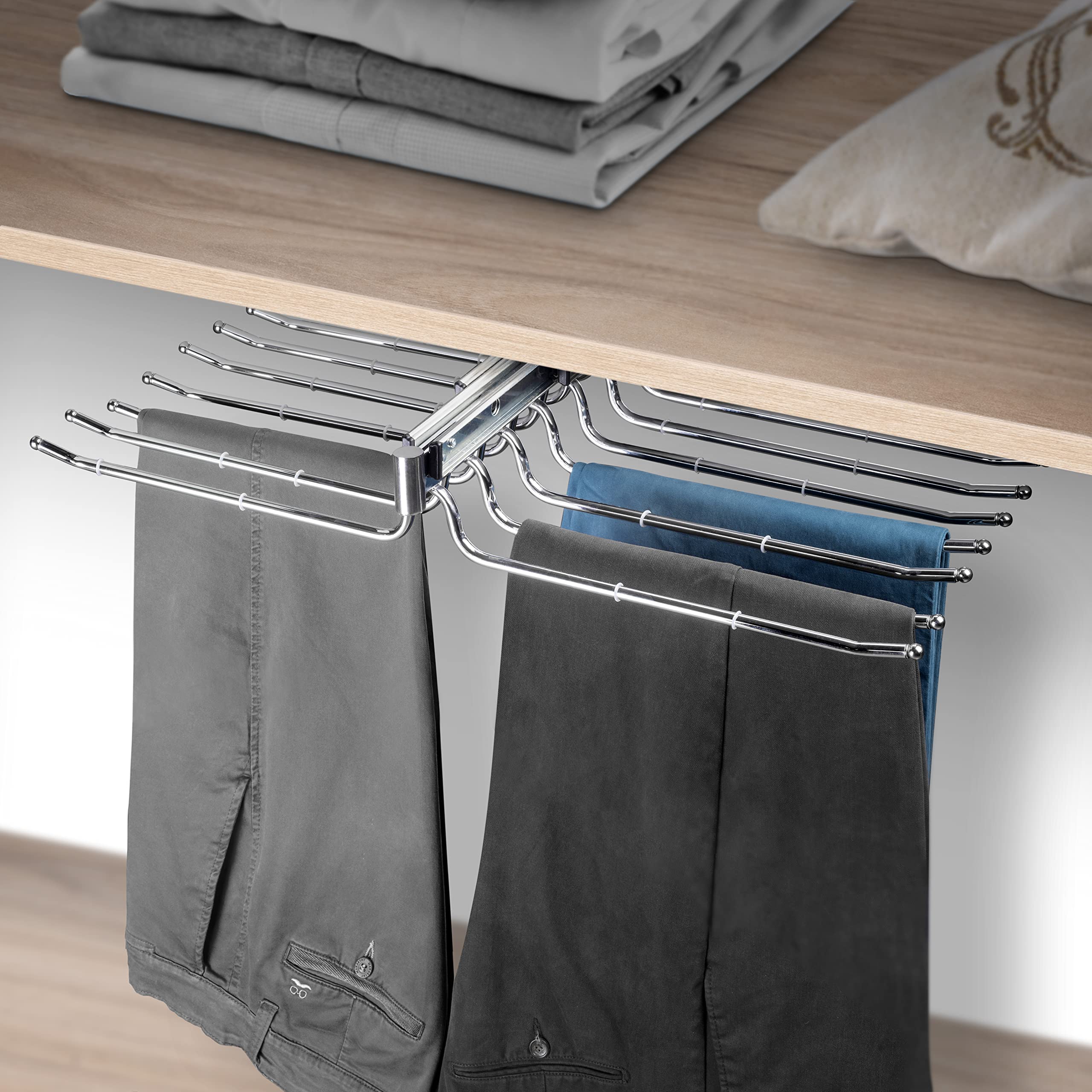 Emuca - Pull-out double trouser rack for wardrobe, pullout anti-slip hanger for 18 pairs of trousers, steel, chrome-plated.