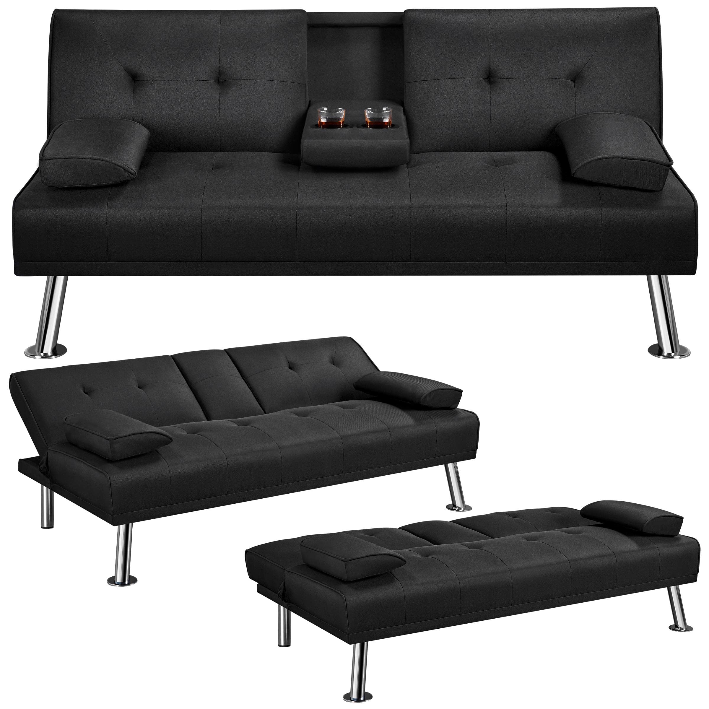 Yaheetech Black 3-in-1 Convertible Sofa Bed with Cup Holder Adjustable Back
