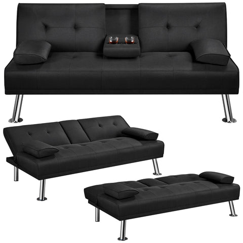 Yaheetech Black 3-in-1 Convertible Sofa Bed with Cup Holder Adjustable Back