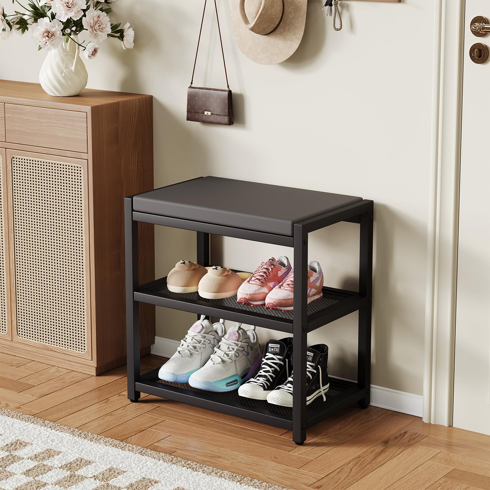 ZHOOGE Shoe Bench Shoe Rack Storage Bench Entryway Bench Shoe Shelf with Seat Cushion, Stable Shoe Organizer for Entryway, Living Room