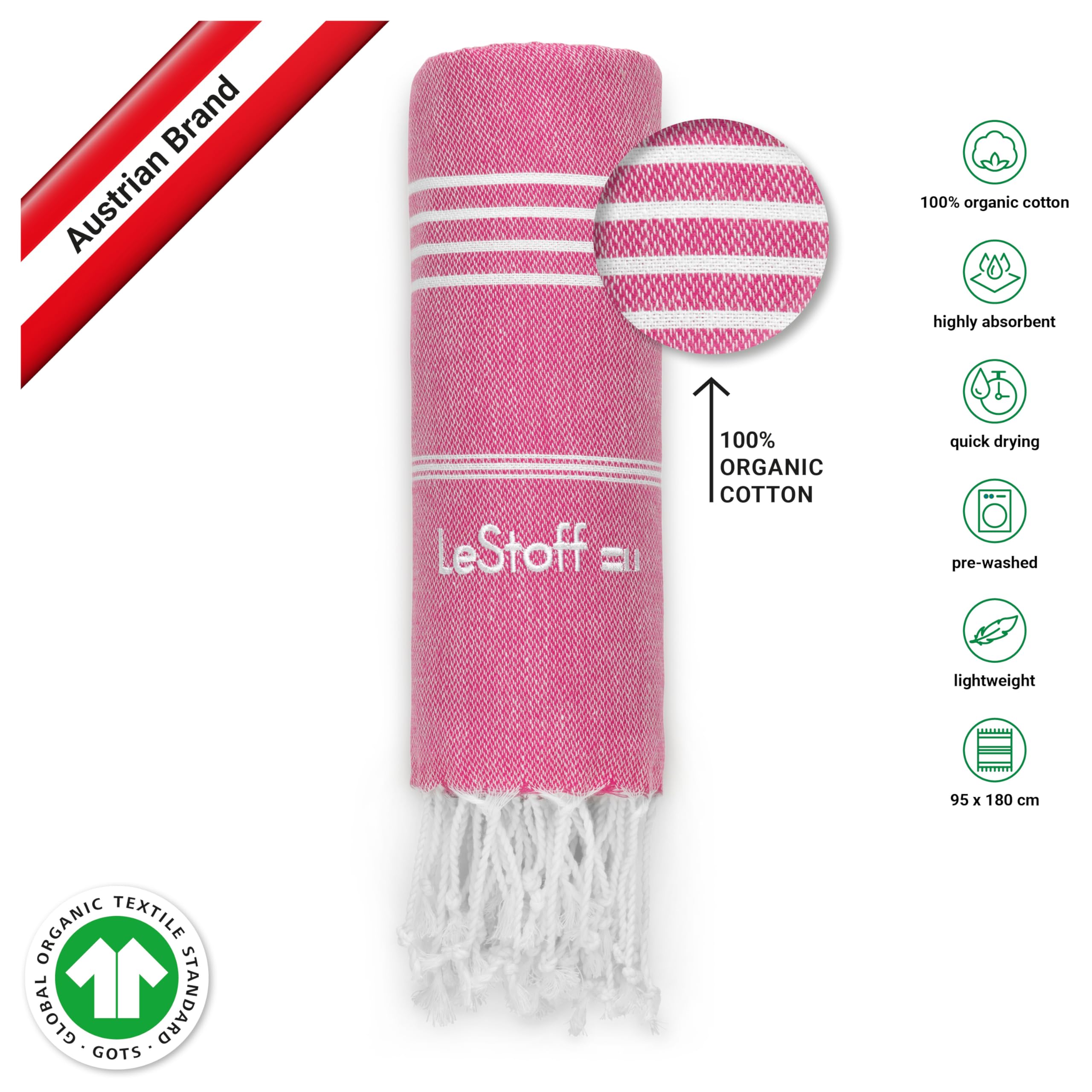LeStoff 2 Hammam Towels/Beach Towels, Organic Cotton, 95x180, Fuchsia/Beige