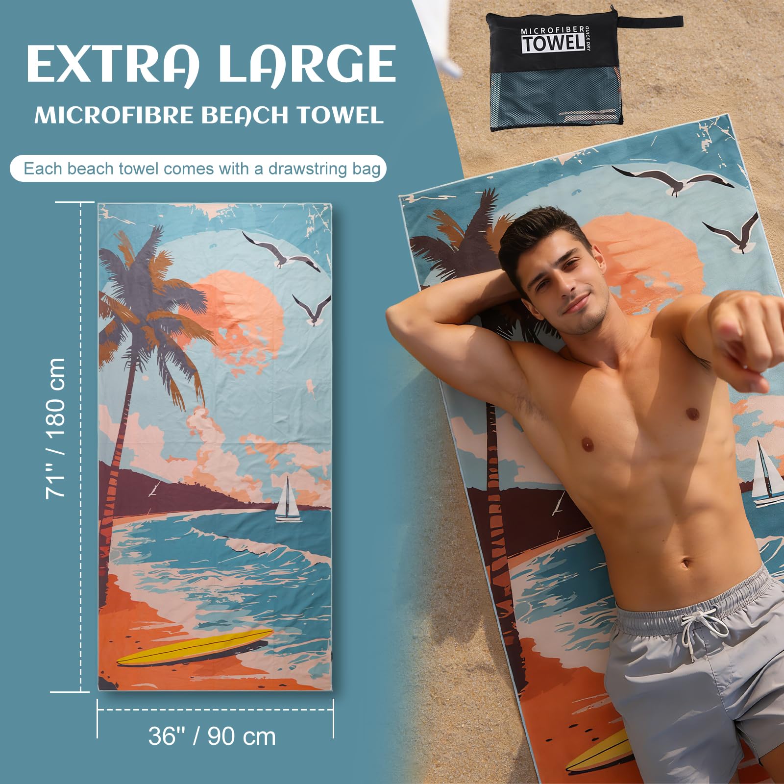 Anavasi 2 Pack Microfibre Beach Towels for Adults, 180 x 90 cm with Net Bag