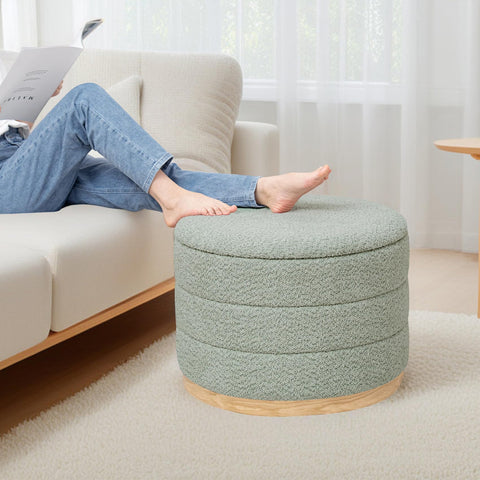 PINPLUS Round Chenille Storage Ottoman, Tray Top, 58x58x44 cm, Sage Green