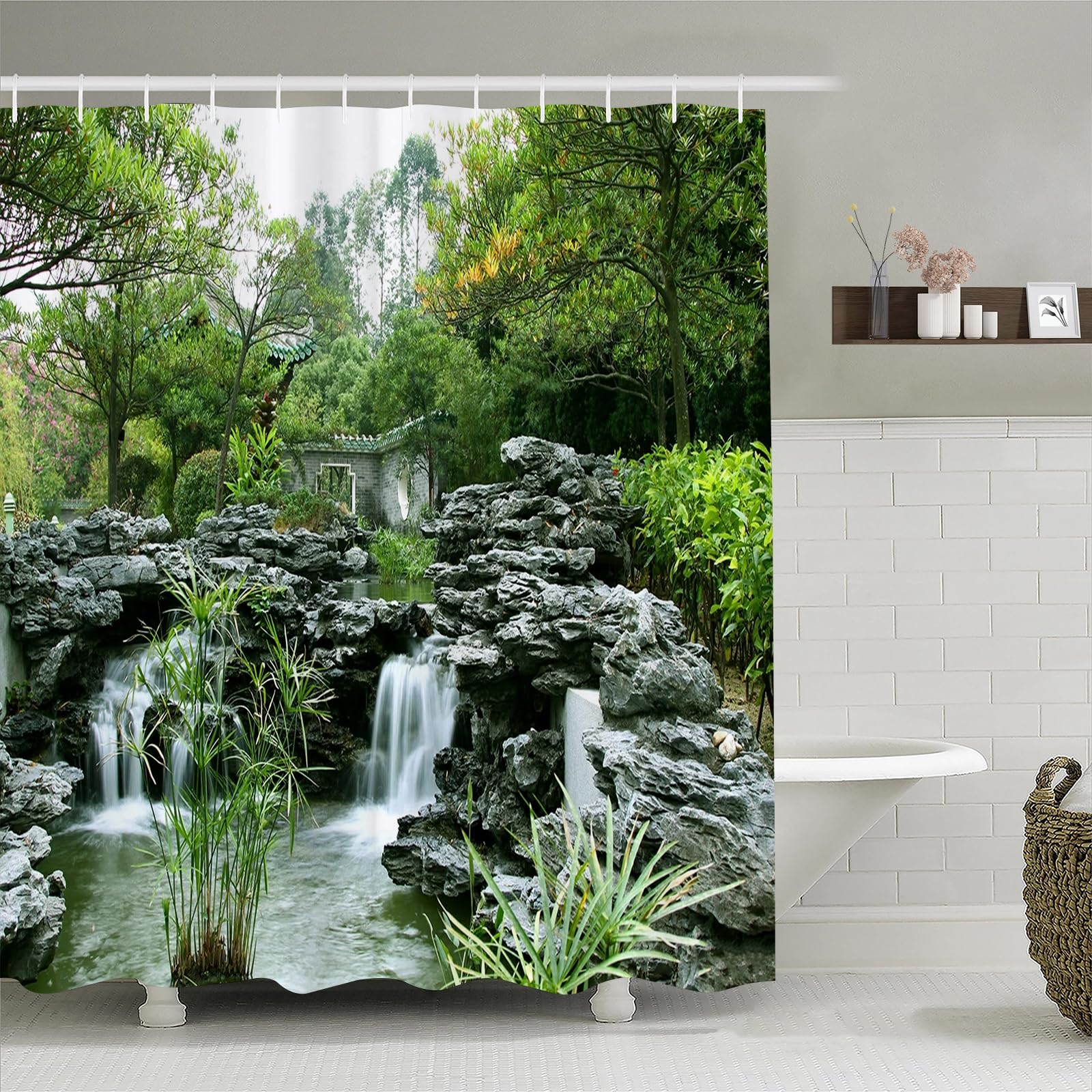 Simpomsy Japanese Shower Curtain Garden Shower Curtain Outdoor Pattern Bathroom Curtain Scenic Shower Curtains Garden Waterproof Polyester Fabric