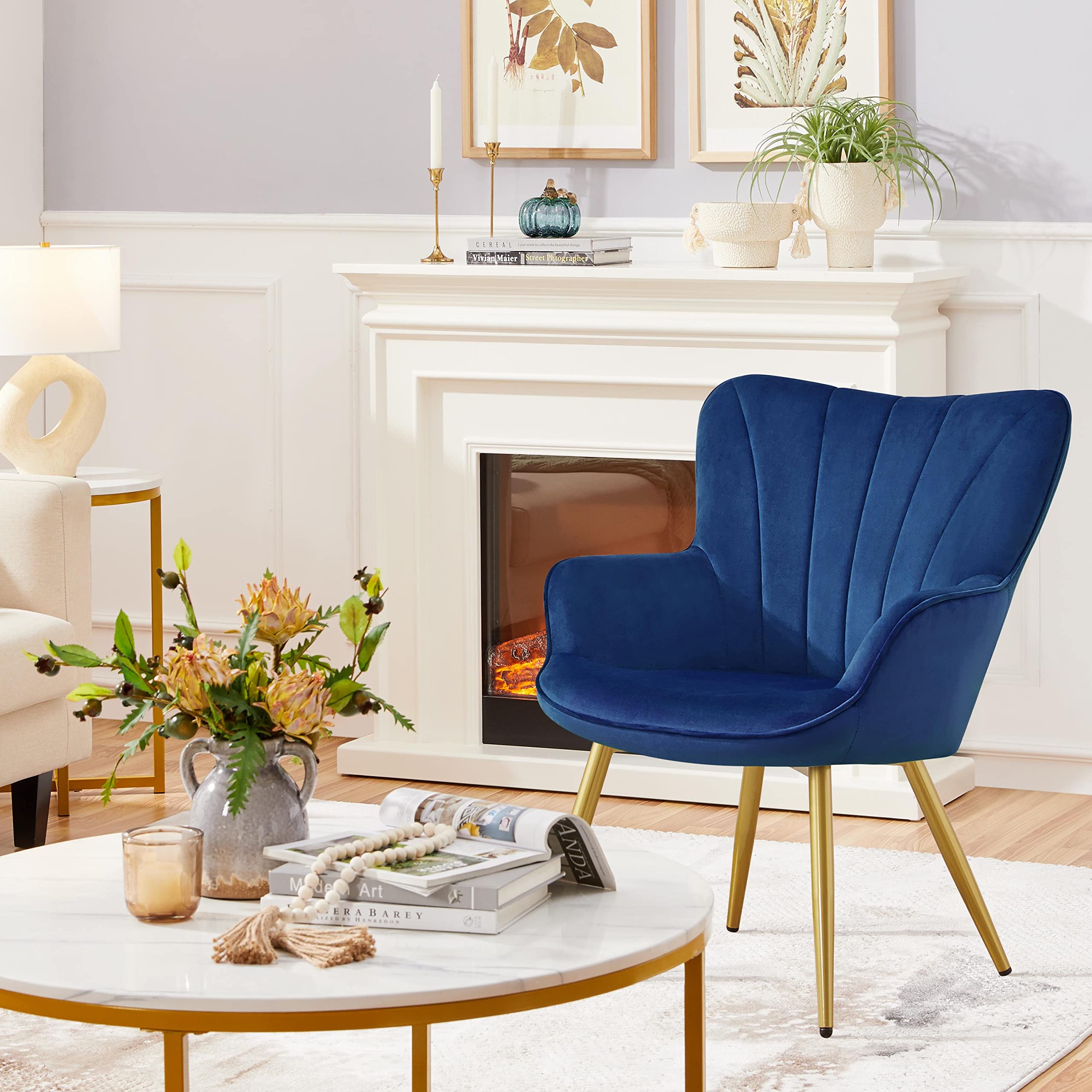 Yaheetech Modern Tub Chair Velvet Fabric Armchair with High Back, Dark Blue