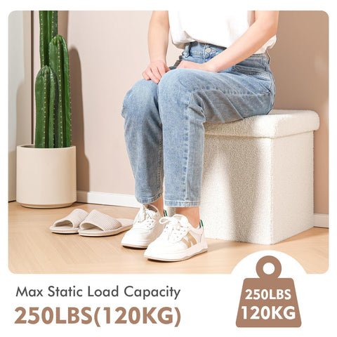 Bonlife Boucle Ottoman Storage,Foot Rest Stool Seat,Folding Footstool for Living Room,Sherpa Ottoman for Bedroom,Cream,40x40x40cm