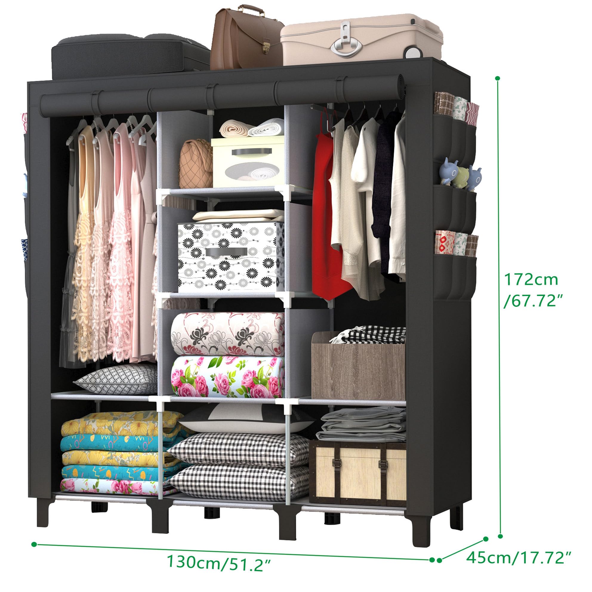 chunyangjingpin Portable Closet with 2 Hanging Rails & 8 Shelves, Bedroom Wardrobe with 18 Side Pockets, Foldable Garment Organiser (Black)