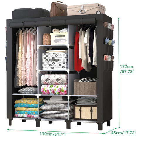 chunyangjingpin Portable Closet with 2 Hanging Rails & 8 Shelves, Bedroom Wardrobe with 18 Side Pockets, Foldable Garment Organiser (Black)