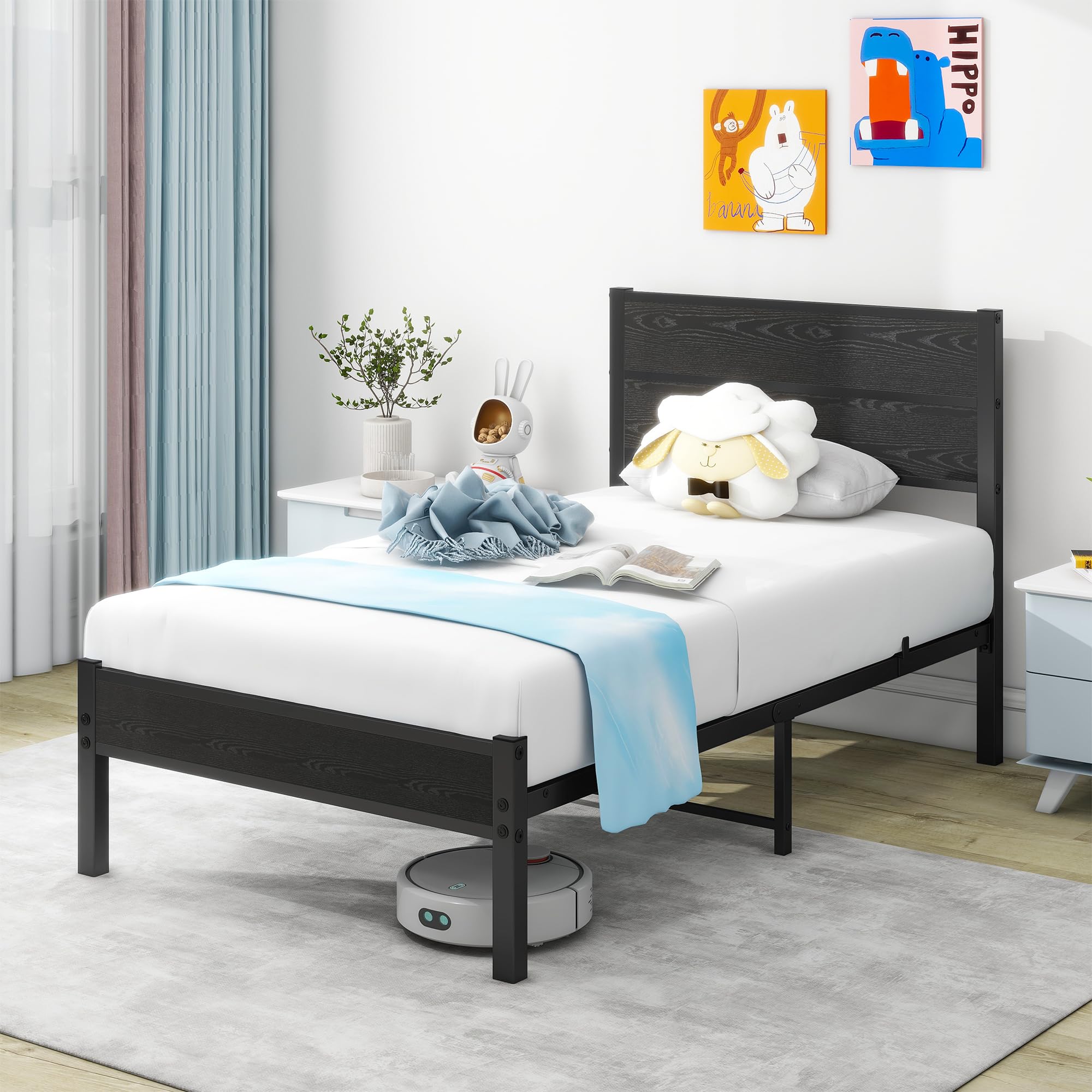DUMEE Single Bed Frame with Wooden Headboard and Footboard, Metal 3ft Wooden Bed Frame Under Bed Storage, Enhanced Support Noise Free, Black