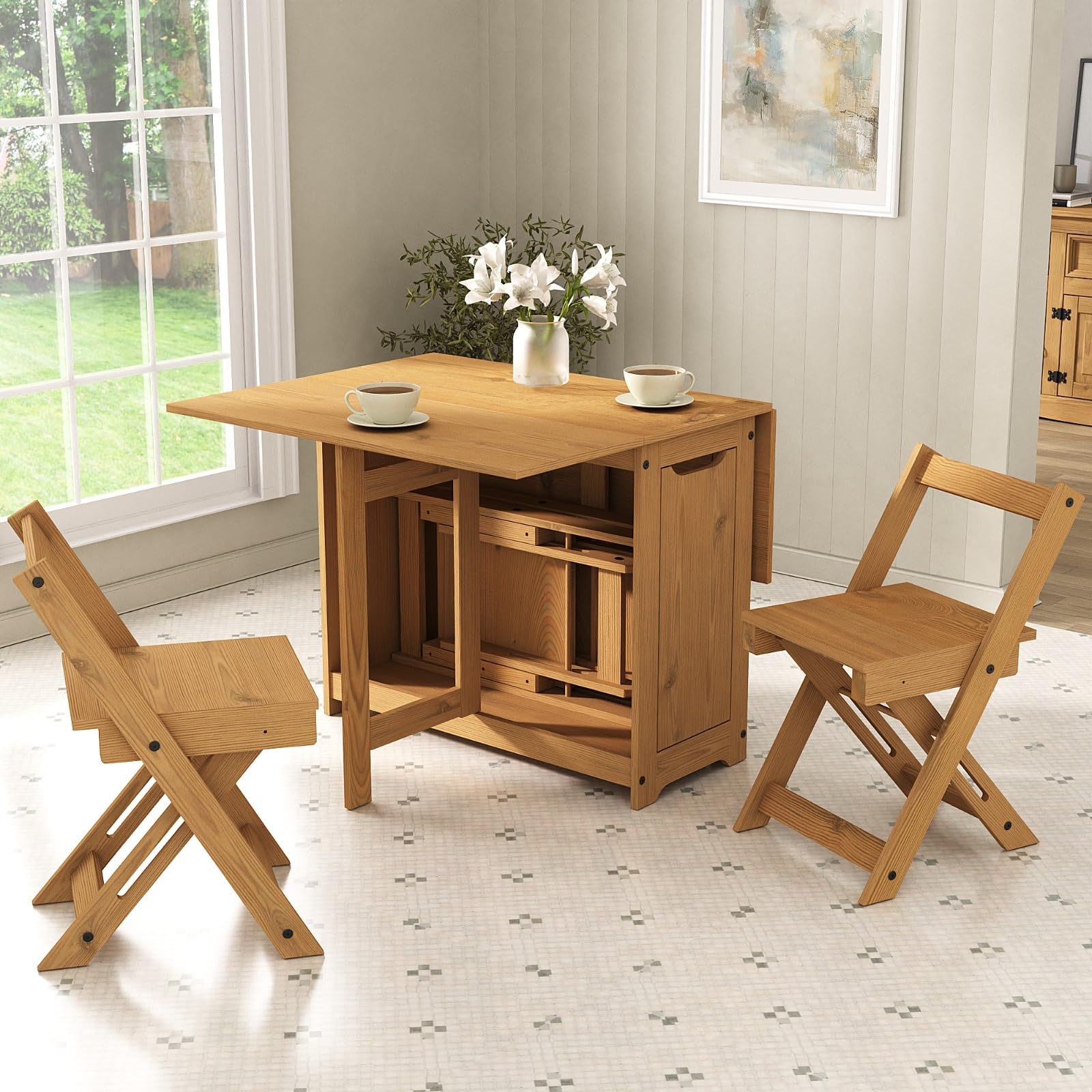 Mews Corona Butterfly Santos Dining Set 4 Seat Folding Drop Leaf Table with Chairs Solid Mexican Pine