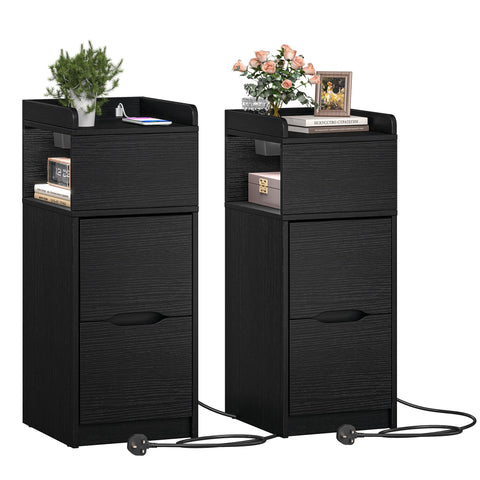 Quikraen 27cm Slim Bedside Tables Set of 2 with Charging Station and LED