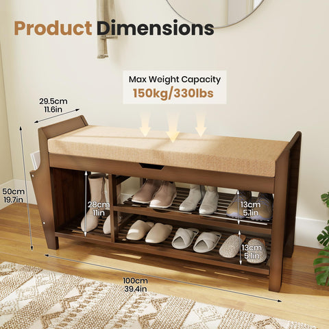 Pamapic Shoe Storage Bench, Bamboo Shoe Bench with Padded Seat, Shoe Storage Cabinet with 3 Compartments, Hidden Storage, Shelf for Entryway