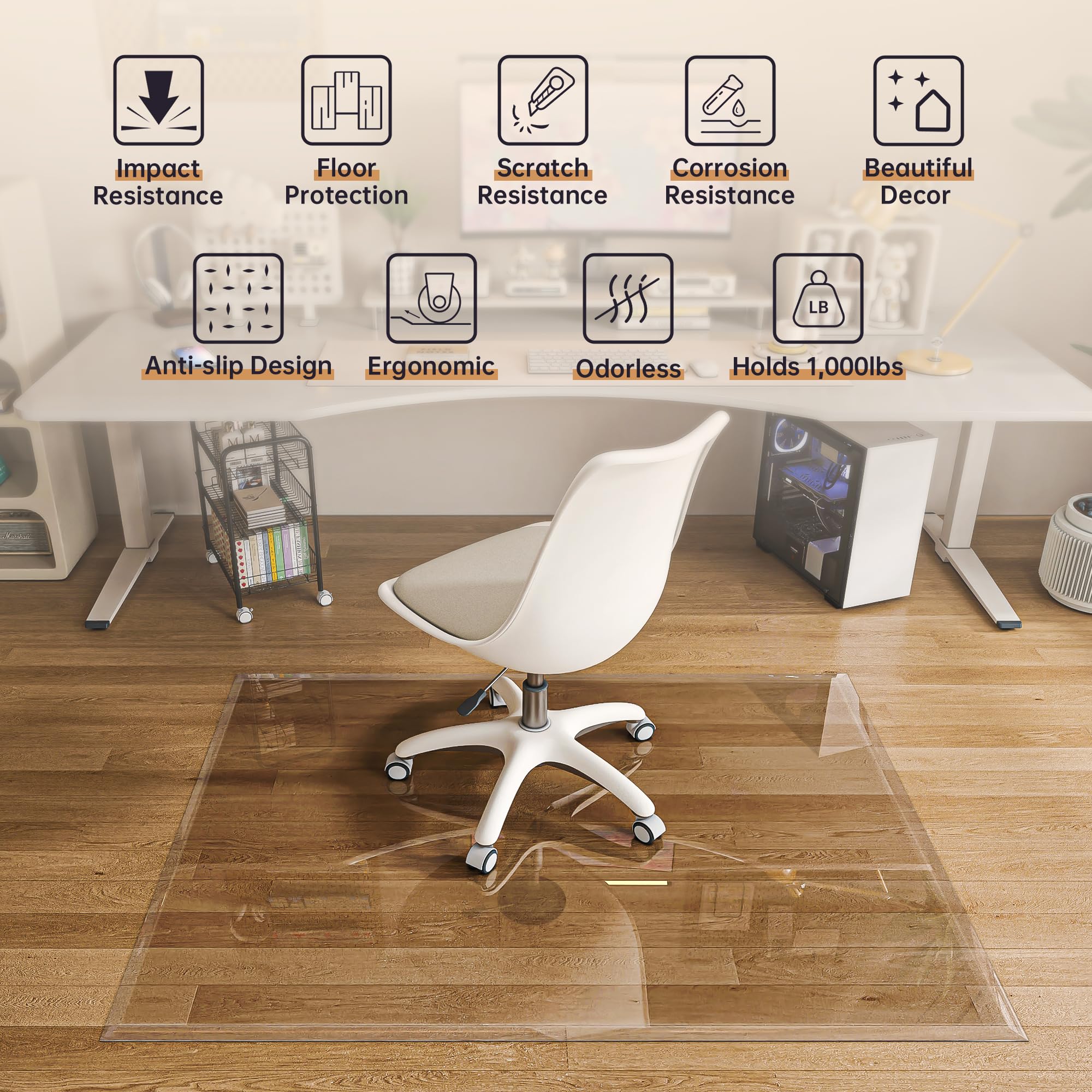 [Tempered Glass] 140 x 116cm Beveled Edge Glass Chair Mat with Polished Edge Clear Office Chair Mat, Glides Smoothly