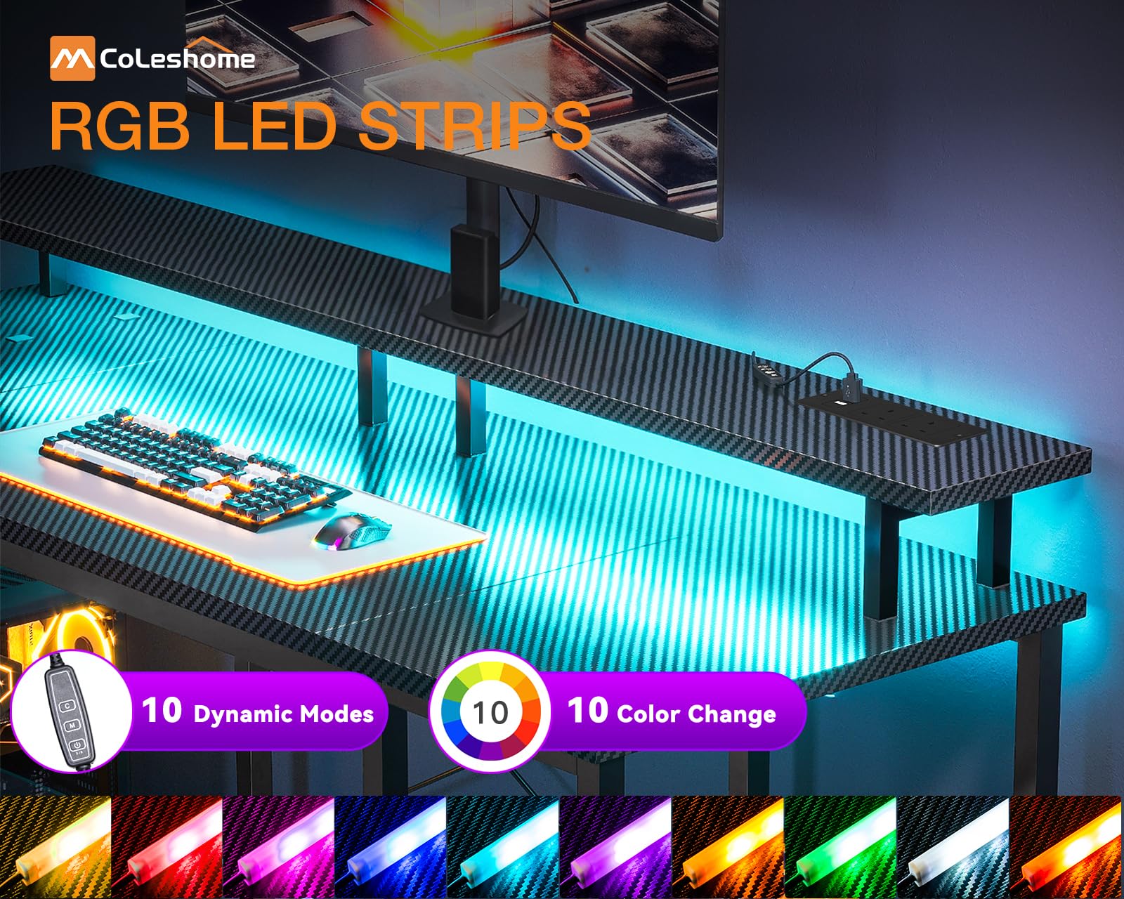 Coleshome Gaming Desk with LED Lights, 120x50 cm, Carbon Fiber Black