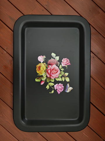 Ruweistar Portable Folding TV Tray Table with Floral Design, Grey Metal Frame, Side Table for Sofa (black)