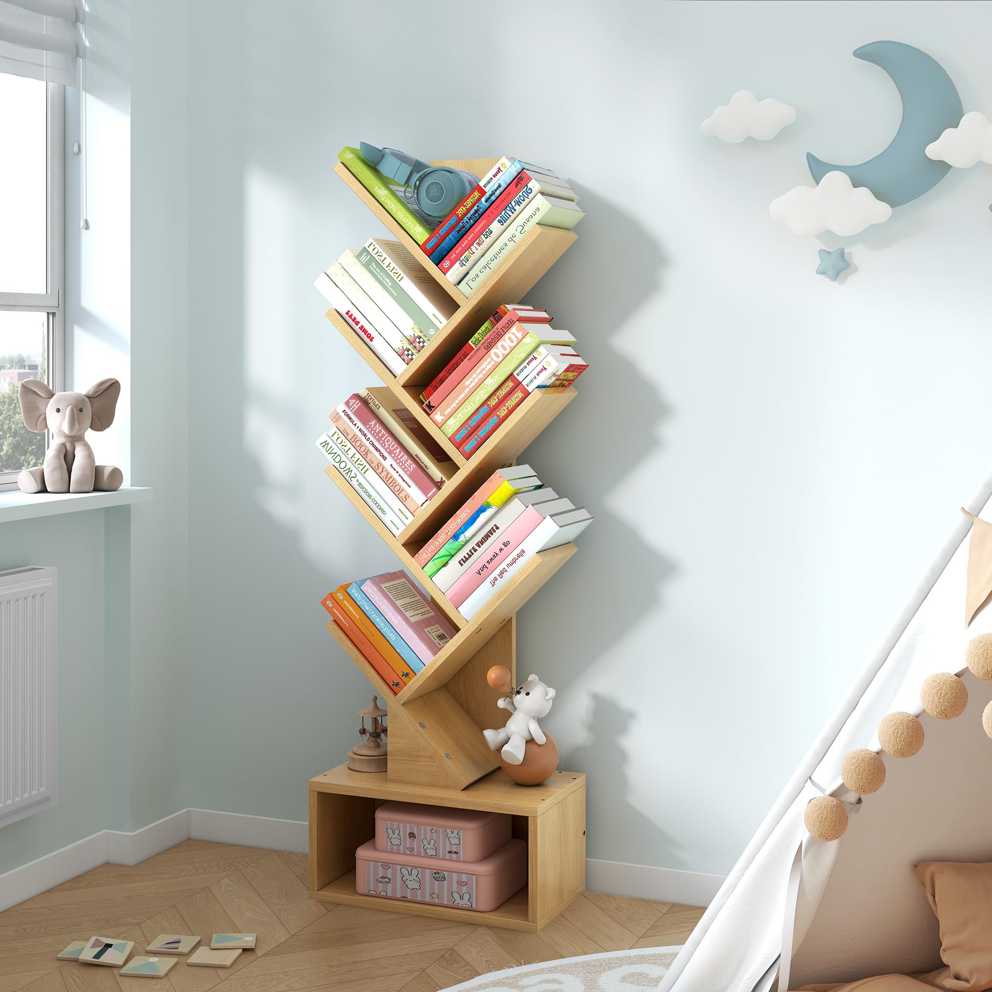 Hoctieon 6 Tier Tree Bookshelf, Tall Bookcase with Drawer, Freestanding Book Shelf, Display Floor Standing Storage Shelf