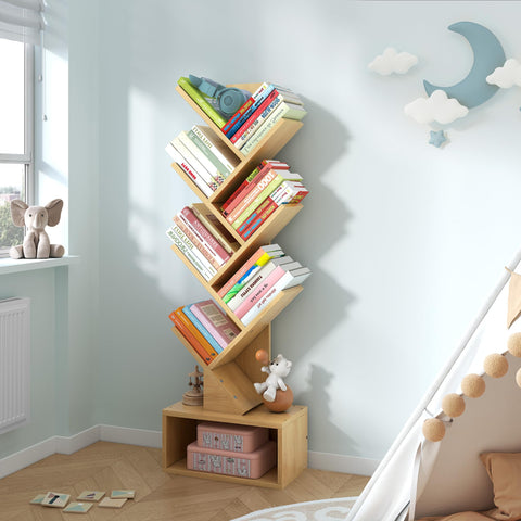 Hoctieon 6 Tier Tree Bookshelf, Tall Bookcase with Drawer, Freestanding Book Shelf, Display Floor Standing Storage Shelf