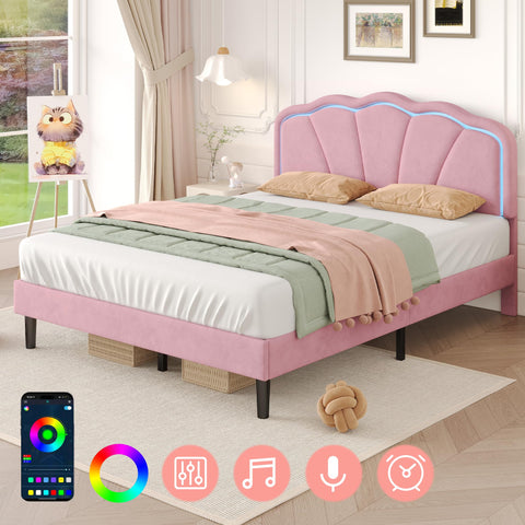 ModernLuxe 4ft6 Double Upholstered Bed with LED Adjustable Shell Shape Headboard, Soft Velvet Bed Frame with Solid Wood Slats, No Box Spring Needed