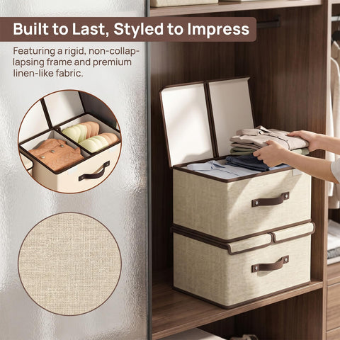 Joyseedi 2 Pack Fabric Storage Boxes with Lids & Handles, Foldable Oxford Cloth Clothes Organiser Double Flip-top Design with PP Frame for Storing