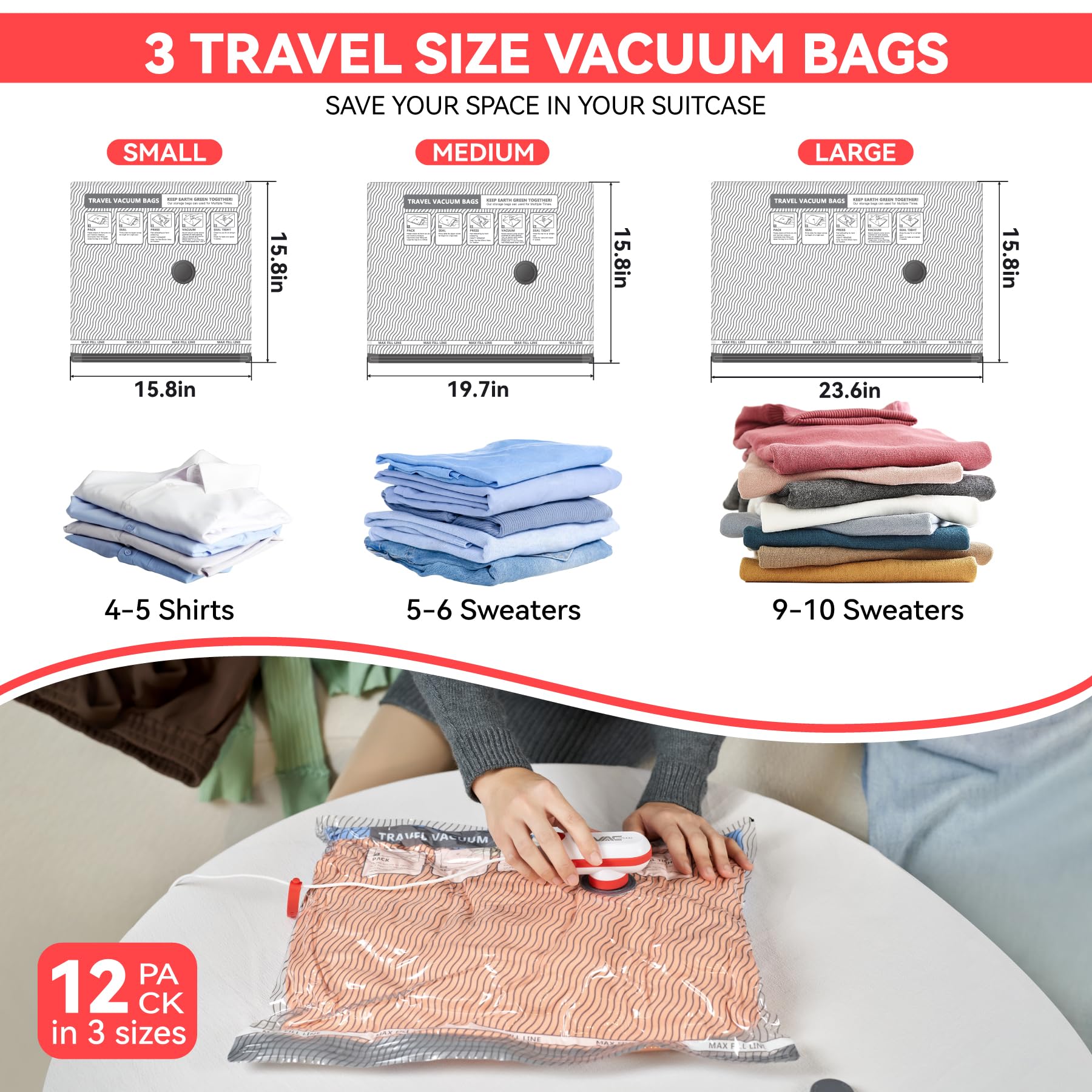 VACKFOX 12 Pack Vacuum Bags for Travel with USB & TYPE C Pump,Compression Packing Cubes for Luggage,Carry-on Space Saver Vacuum Seal Bags&Vacuum