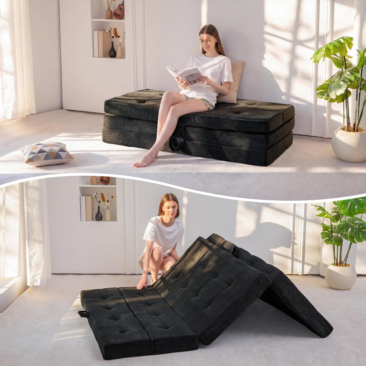 MAXYOYO Folding Mattress Single, Comfy Foldable Sofa Couch Bed, Guest Mattress with Handles Floor Futon Sofa Bed for Guest