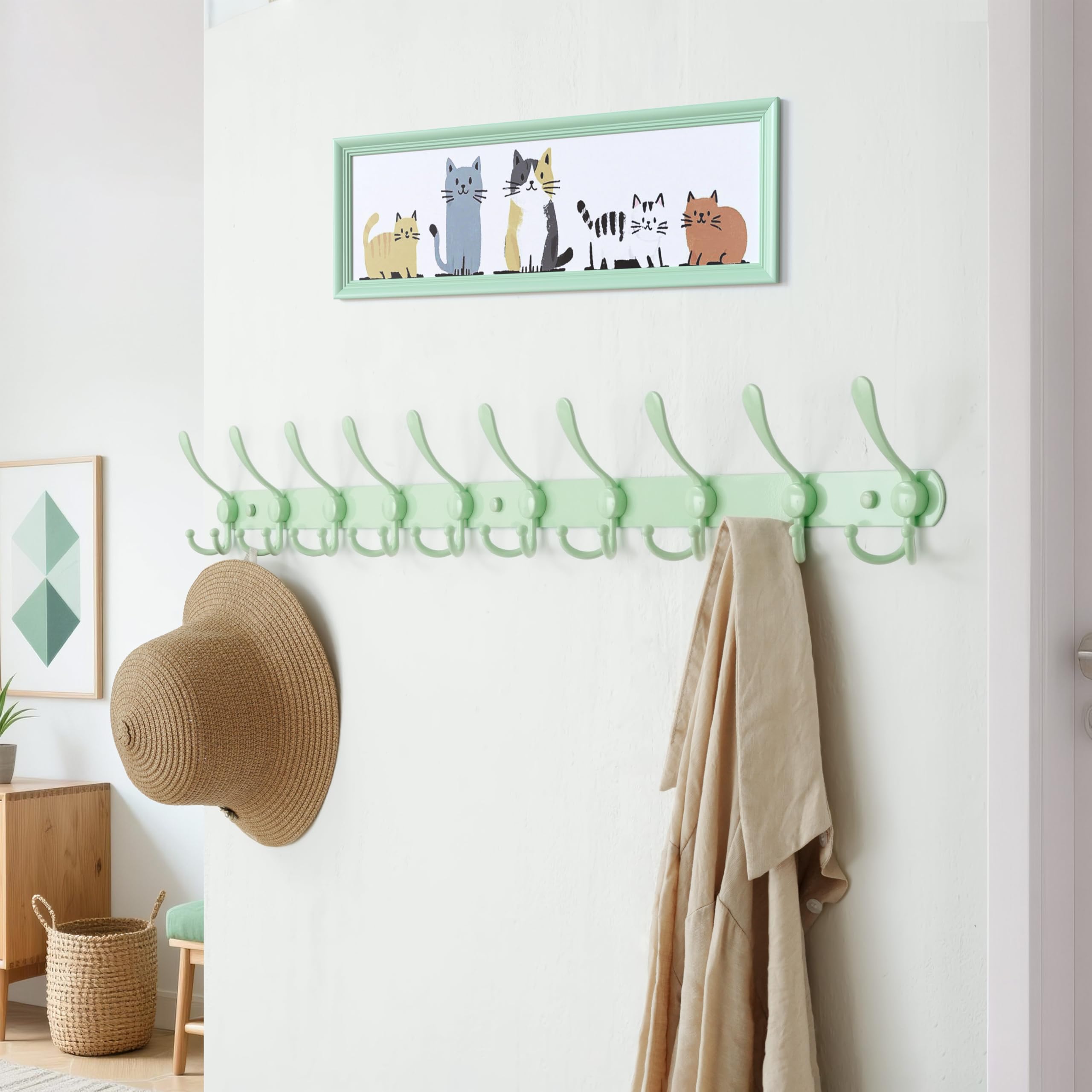 Dseap Coat Rack Wall Mount - 96cm Long 10-Tri-Hooks Heavy Duty Coat Hanger Rail Wall Hooks for Hanging Coats Hats Clothing Clothes Purse Mudroom