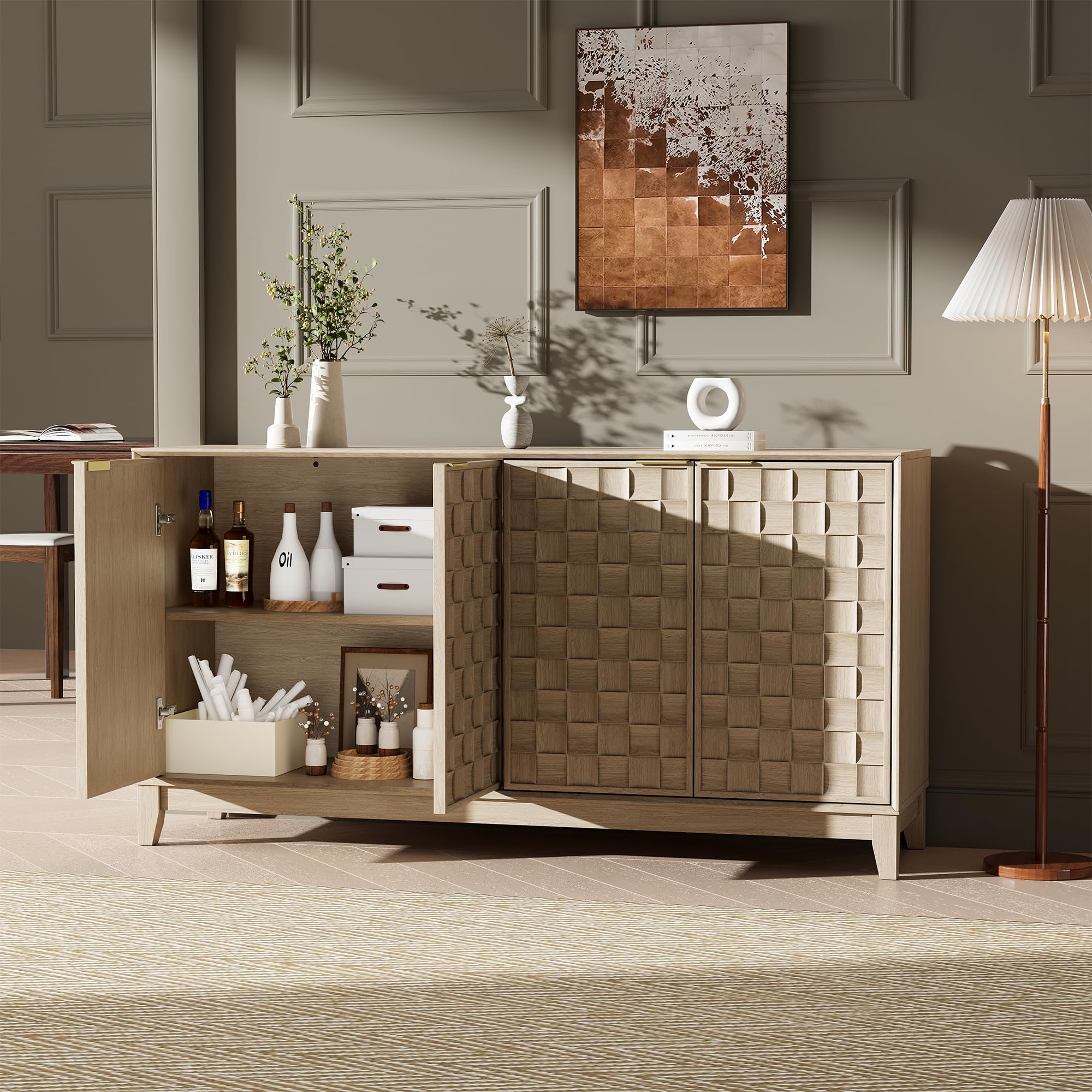 COLAMY Sideboard Cabinet, Wooden Sideboard Cabinet with 4 Doors, Textured Design, Adjustable Shelves, Soft Close Hinges
