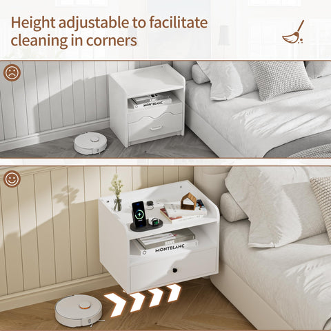 BonVache Set of 2 Floating Bedside Tables, Wall Mounted Bedside Table with Charging Station, Floating nightstand with Open Shelf and Drawer