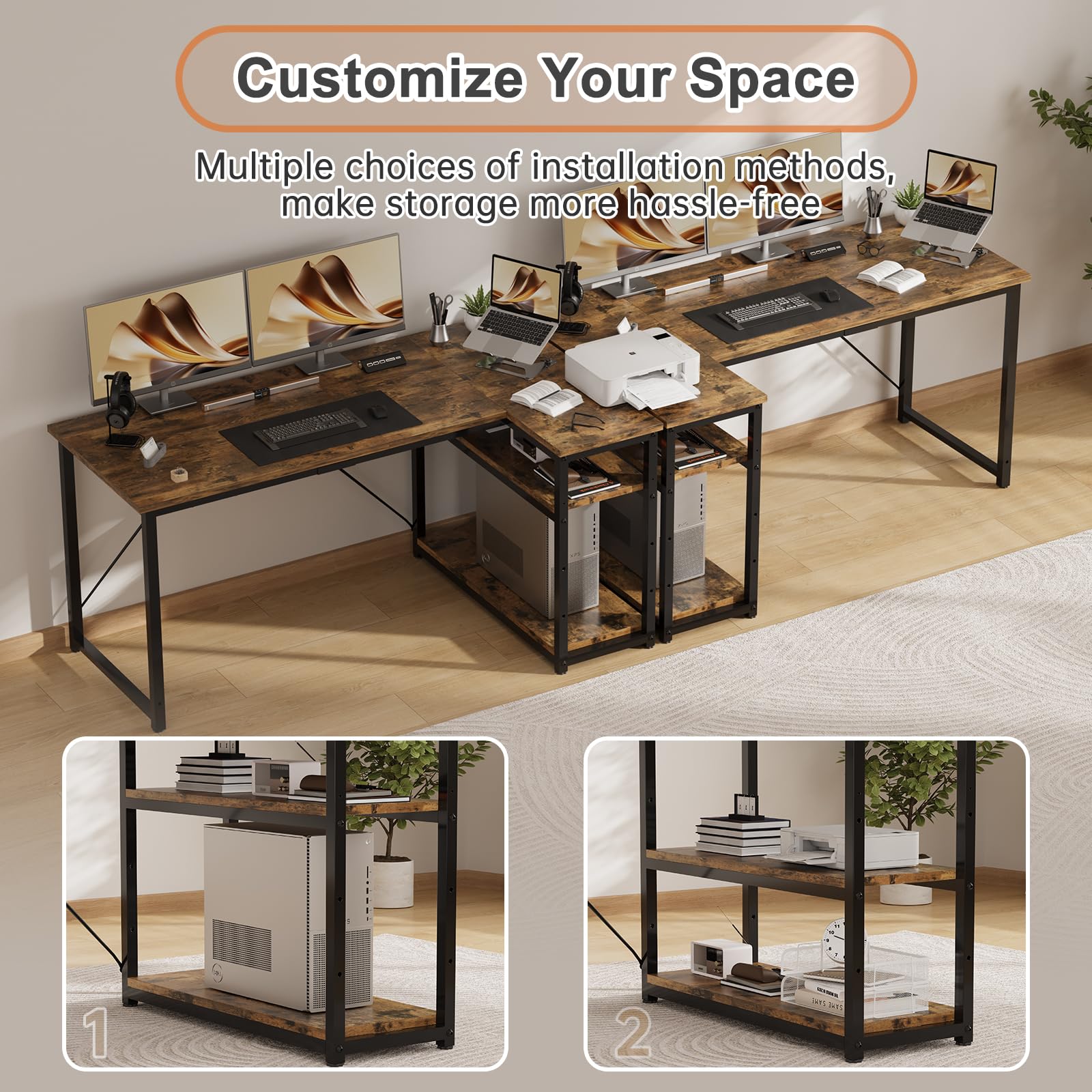 JUMMICO L Shaped Desk 140x80cm with Storage, Corner Computer Desk with Reversible Shelf, Sturdy Office Desk & Workstations for Home Office, Brown