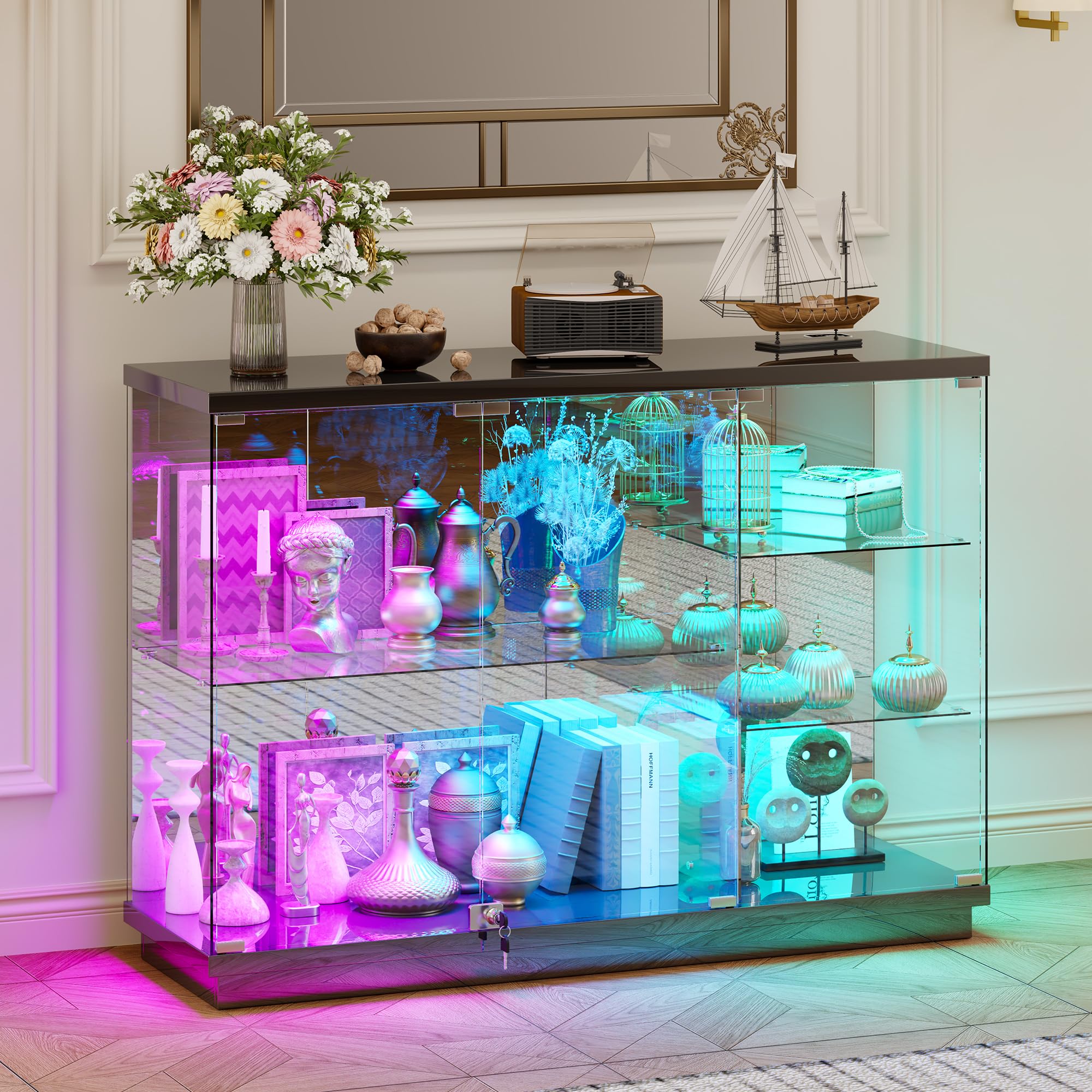 High Gloss Glass Display Cabinets with RGB lighting for Bedroom,Black