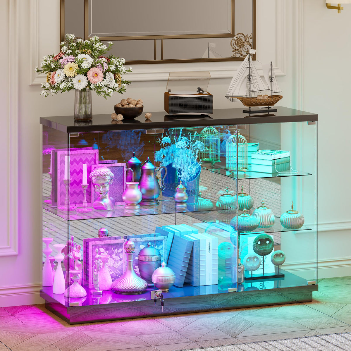 High Gloss Glass Display Cabinets with RGB lighting for Bedroom,Black