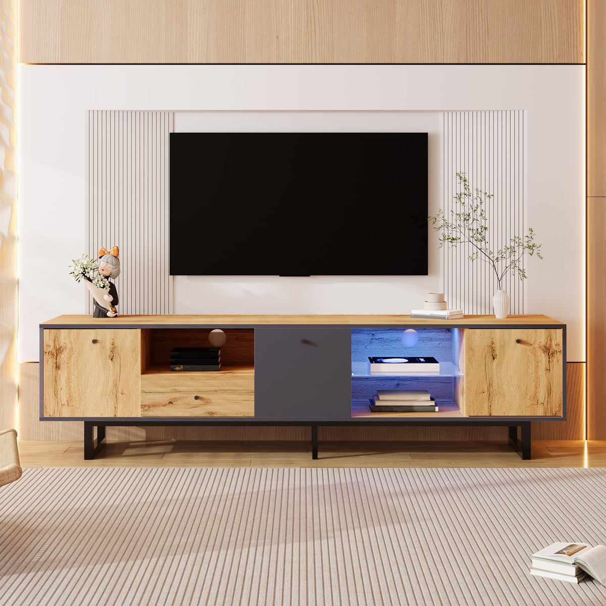 Ball & Cast Wooden TV Stand Cabinet, Media Console Table for up to 75 Inch TVs, TV Unit with 3 Doors and Drawer