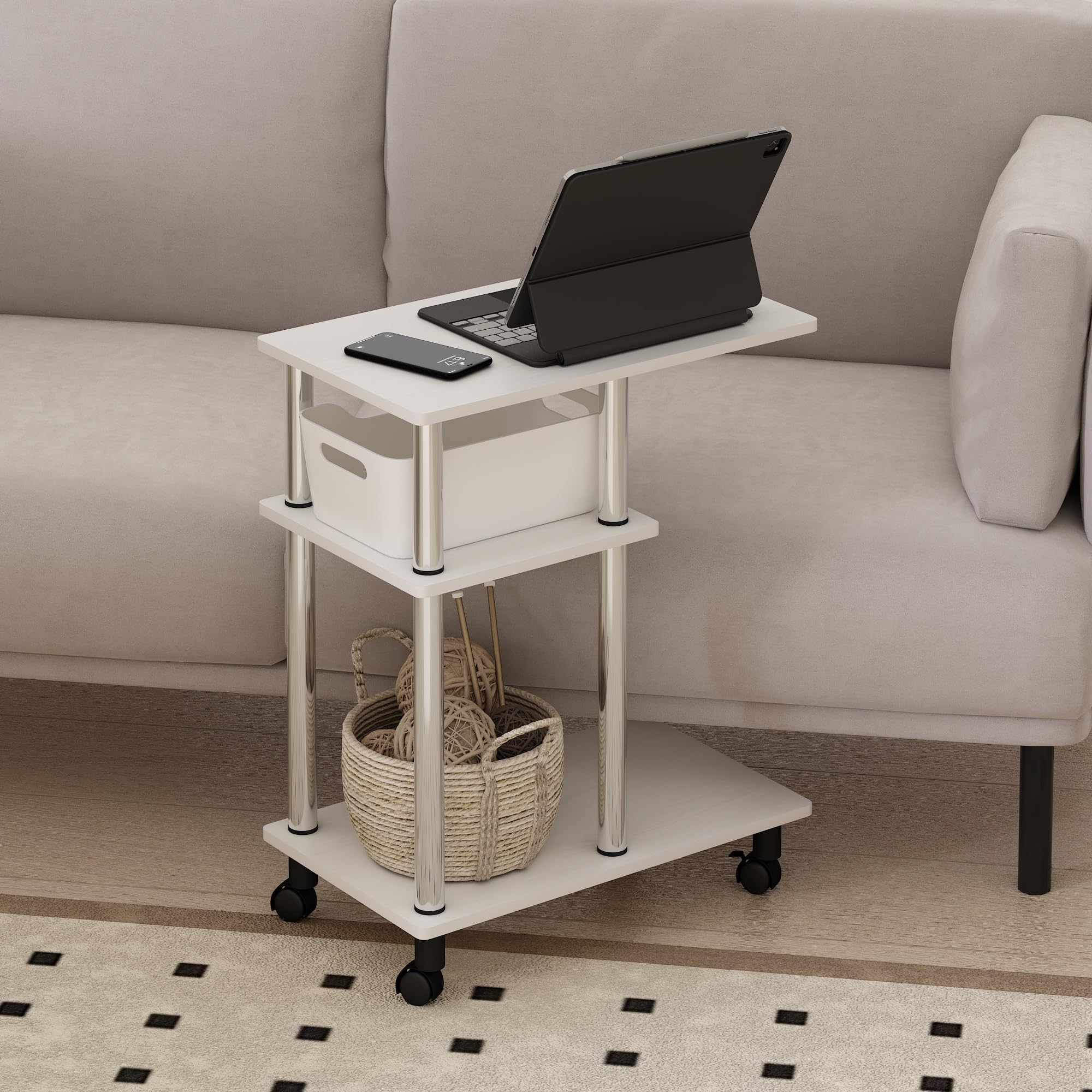 Furinno TOMI Side Table, 3-Tier C-Shape Open Shelf End Table with Wheels, Night Stand, Bedside Table, Toolless Assembly, for Living Room, Bedroom