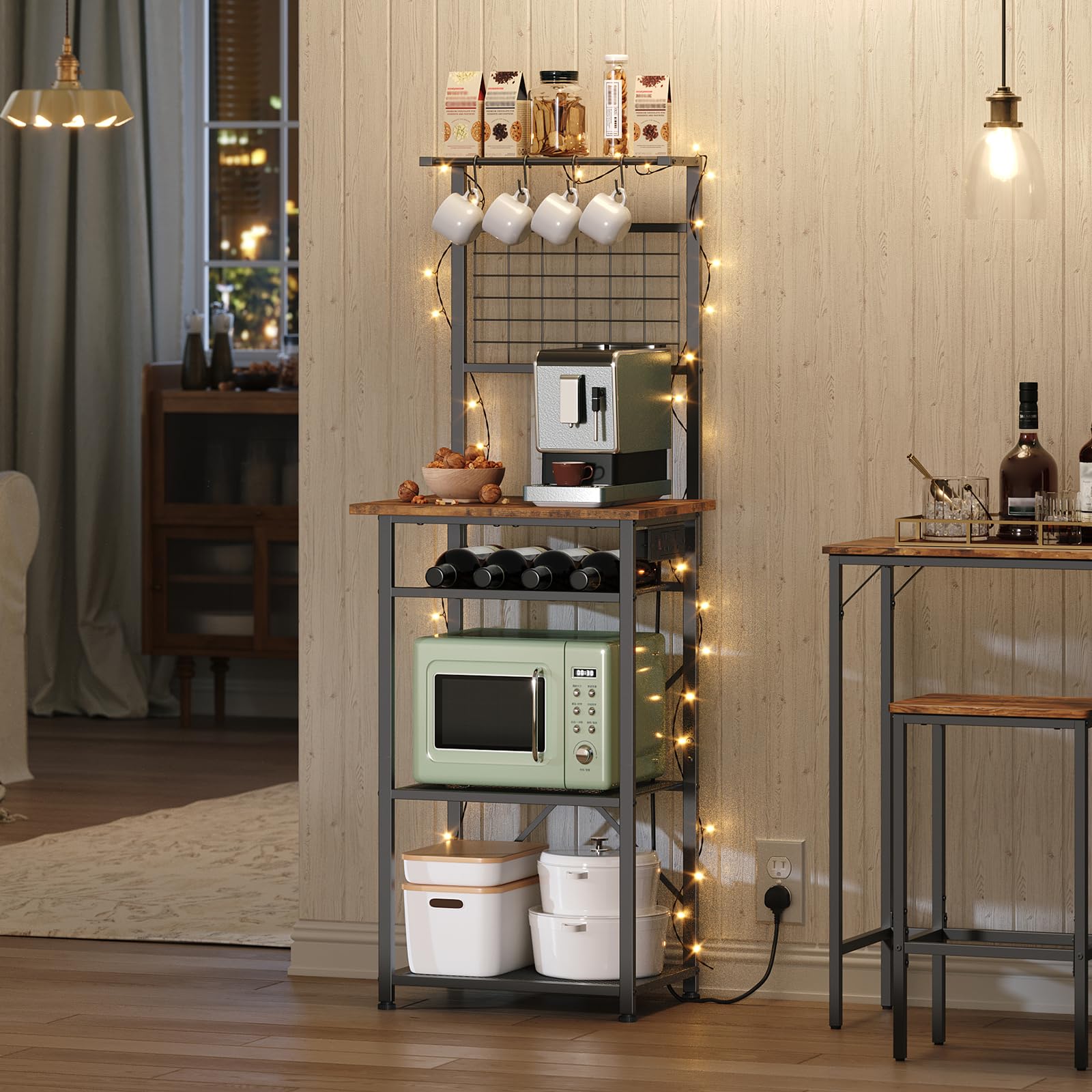 MAHANCRIS Bakers Rack, Microwave Stand with Power Outlet, Coffee Bar Station with Wine Rack and Hooks, Kitchen Storage Shelf
