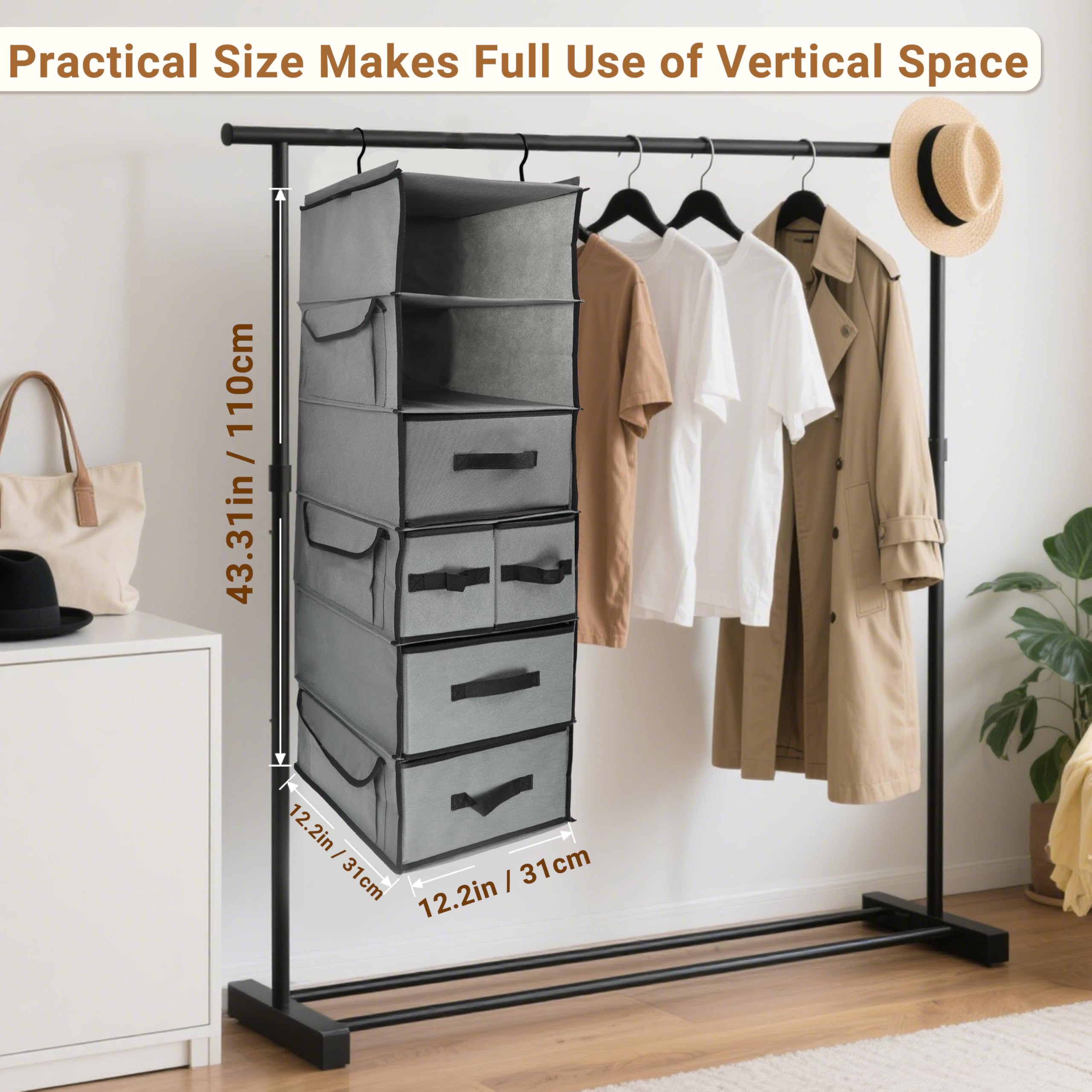 Folzaelar Durable Hanging Wardrobe Organiser with 5 Drawer & 3 Side Pocket,6-Tier Thickened Fabric Hanging Shelf Clothes Storage Holder Organization