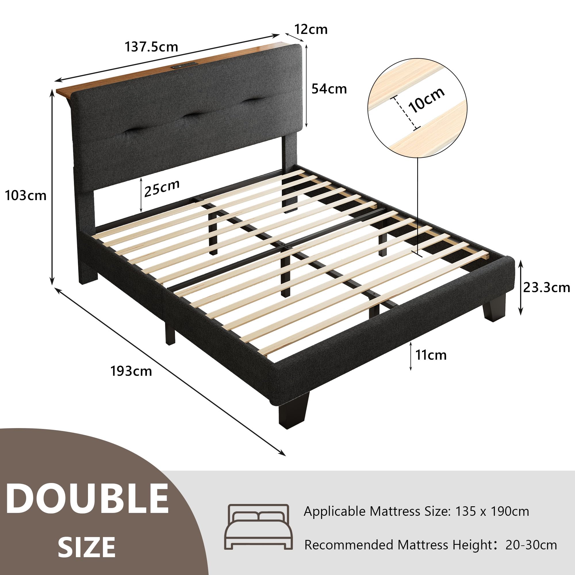 Feonase 4ft Double Bed Frame with Storage Linen Headboard, Upholstered Bedframe double bed with Charging Station, Sturdy Wooden Slat Support