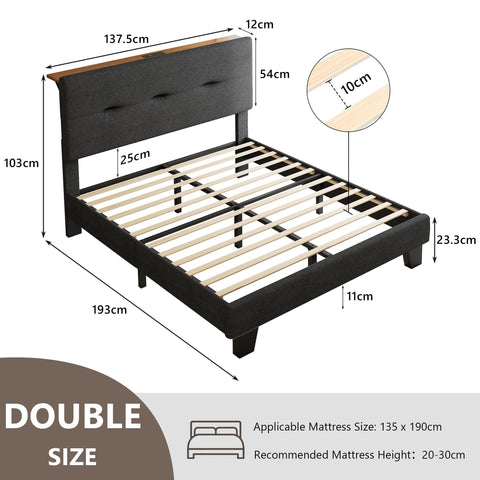 Feonase 4ft Double Bed Frame with Storage Linen Headboard, Upholstered Bedframe double bed with Charging Station, Sturdy Wooden Slat Support