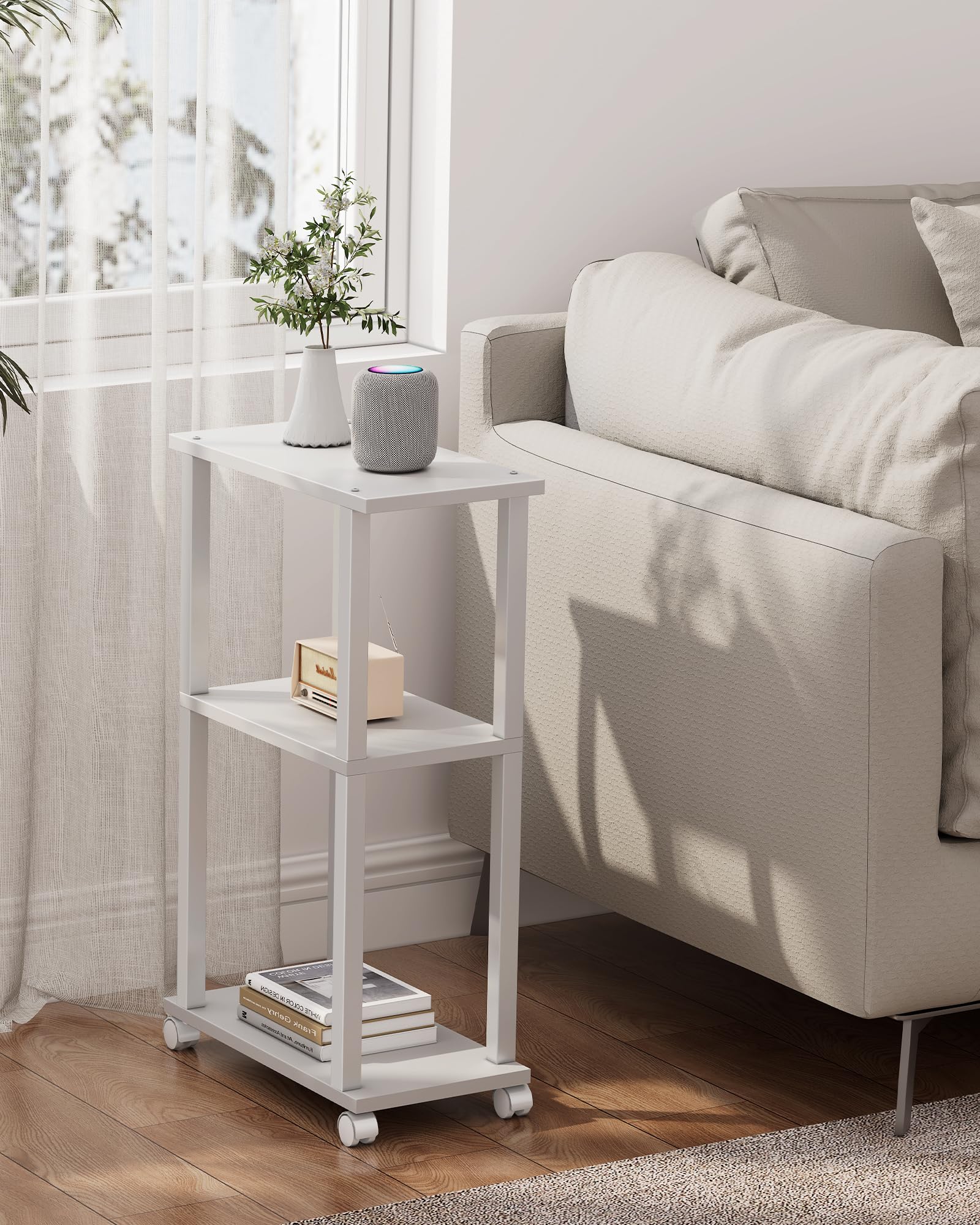 TUTOTAK Small Side Table, Narrow End Table, Bedside Table, Set of 2, Couch Sofa Table with Wheels for Living Room, Bedroom, White V1TB01BW0612EU